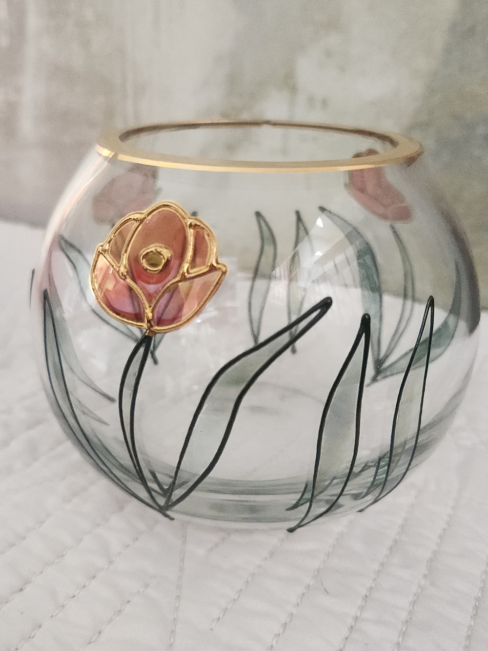 Vintage Romanian Crystal Bowl Vase Hand Painted Floral Gold Rim Mid Century Deco
